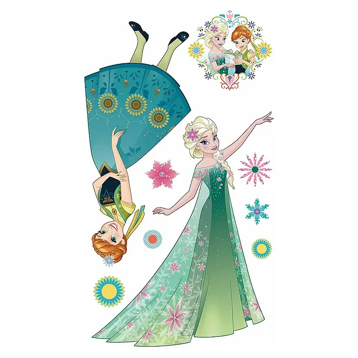 Komar Dekosticker Frozen Springtime - B x H: 127 x 200 cm - Illustration mit Anna und Elsa aus "Die Eiskönigin", umgeben von Blumen, wobei Elsa in einem grünen Kleid erscheint.