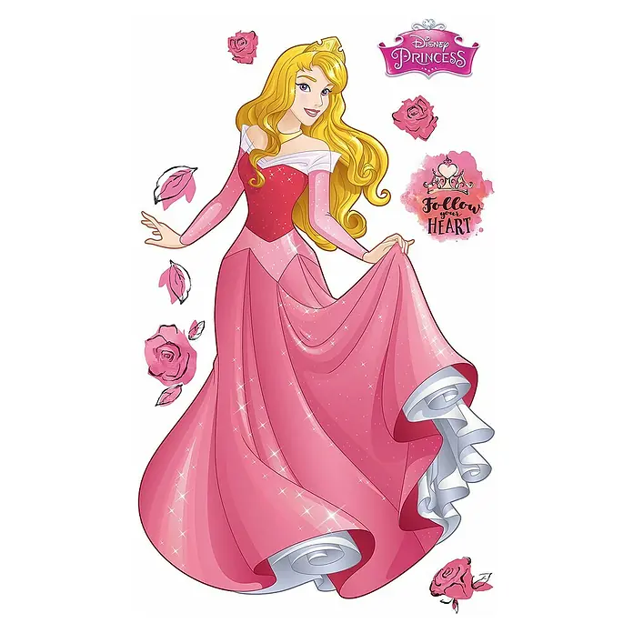 Komar Dekosticker Aurora XXL - B x H: 127 x 200 cm - Illustration von Aurora, der Disney-Prinzessin, in ihrem rosa Ballkleid, umgeben von Rosen. Perfekt für Kinderzimmer oder Themenpartys.