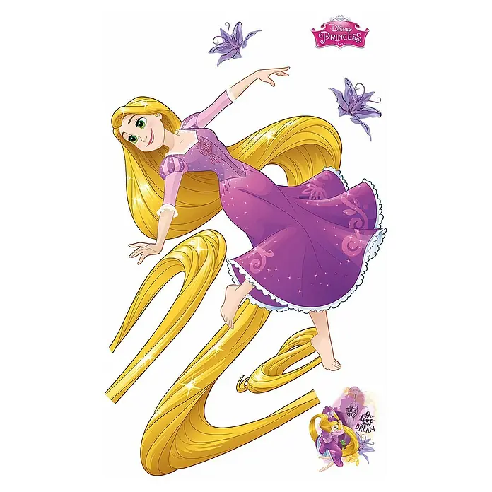 Komar Dekosticker Rapunzel XXL - B x H: 127 x 200 cm - Wandaufkleber mit Rapunzel in Bewegung, umgeben von ihrem langen, goldenen Haar und lila Blumen, ein Märchen-Akzent für jedes Zimmer.