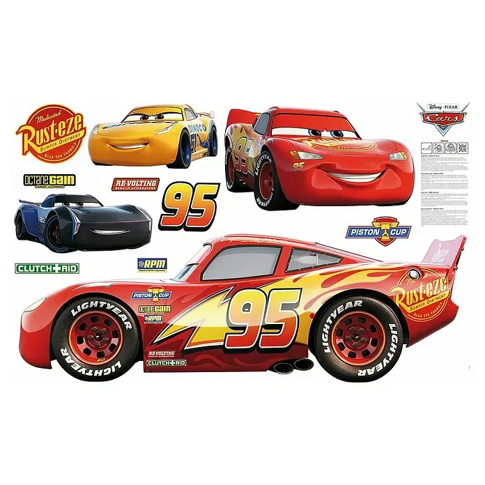 Komar Dekosticker Cars XXL - B x H: 127 x 200 cm - Abbildung von Lightning McQueen und anderen Cars-Charakteren, inklusive Sponsorenlogos und der Nummer 95.