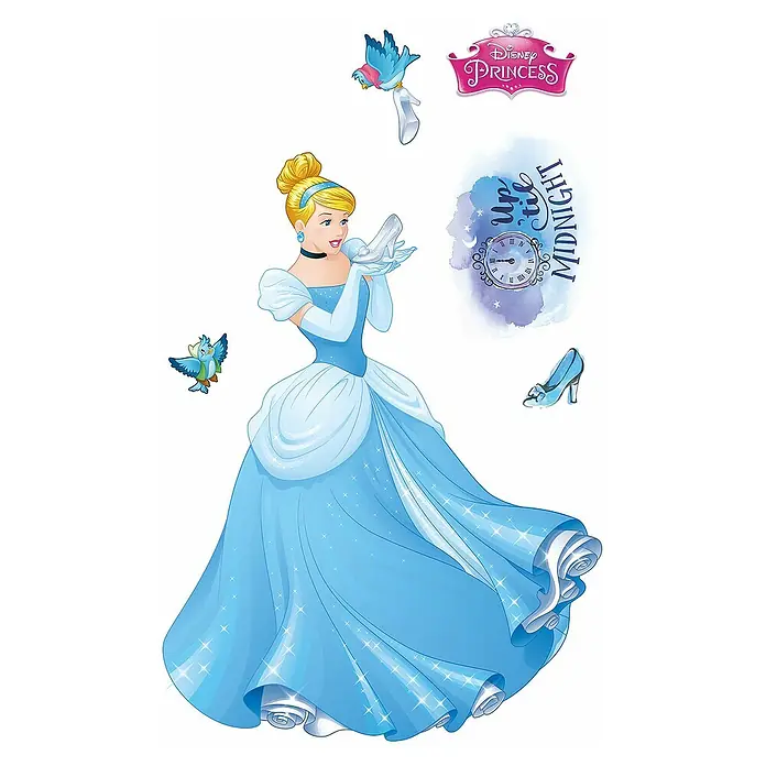 Komar Dekosticker Cinderella XXLB x H: 127 x 200 cm - Ein farbenfrohes Bild von Cinderella im Ballkleid, umgeben von Motiven aus ihrem Märchen, ideal als dekoratives Wandbild.