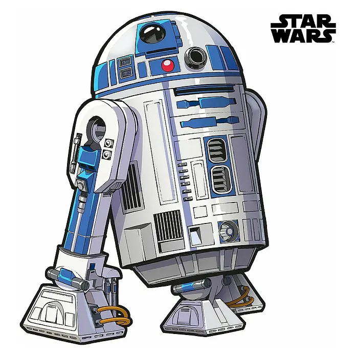 Komar Star Wars Dekosticker R2D2 XXL - B x H: 127 x 120 cm - Abbildung von R2-D2 aus Star Wars, einem Droiden, weiß und blau, mit vielen Details und dem Star Wars-Logo in der Ecke.