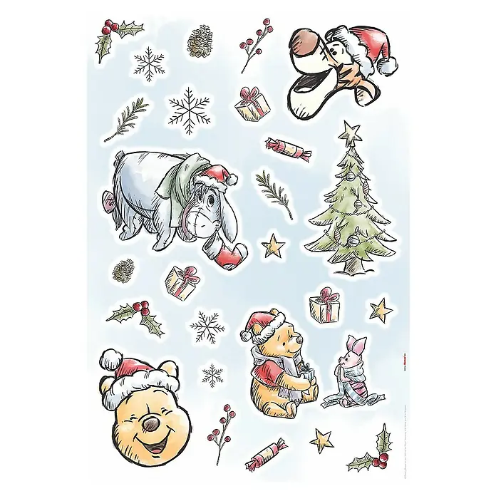 Komar Dekosticker Winnie Pooh ChristmasB x H: 50 x 70 cm - Weihnachts-Illustration mit Winnie Puuh und seinen Freunden, geschmückt mit festlichen Elementen wie Weihnachtsmannmützen, Geschenken und Schneeflocken.