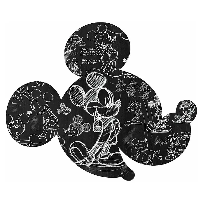 Komar Dots Fototapete rund Mickey Head Illustration127 cm, Selbstklebend - Eine stilisierte Mickey Maus-Illustration, die mit skizzenhaften Details auf einem schwarzen Hintergrund verziert ist, wodurch ein dynamischer Effekt entsteht.