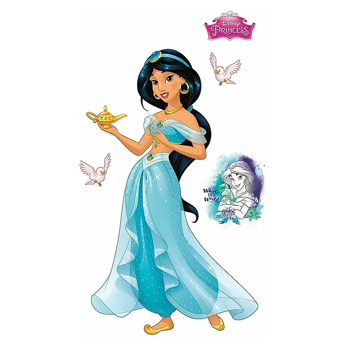 Komar Dekosticker Jasmin XXLB x H: 127 x 200 cm - Eine Illustration von Disney's Prinzessin Jasmin mit dem magischen Lampe, umgeben von dekorativen Elementen.