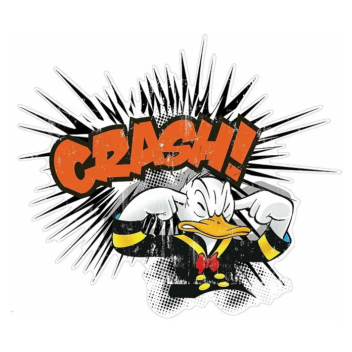 Komar Dekosticker Donald Crash XXL - B x H: 127 x 160 cm - Das Bild zeigt eine Comic-Darstellung von Donald Duck mit dem Wort "CRASH!" im Hintergrund, was auf einen lauten Knall hindeutet.