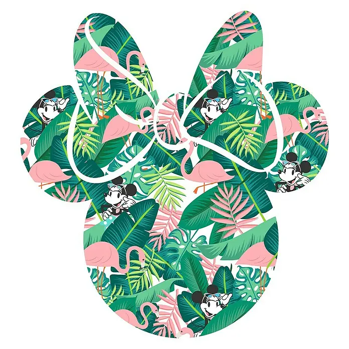 Komar Dots Fototapete rund Minnie Head Tropical127 cm, Selbstklebend - Minnie Maus-Silhouette mit tropischem Muster, Flamingos und Micky Maus, ideal für Disney-Liebhaber und Sommerdeko.
