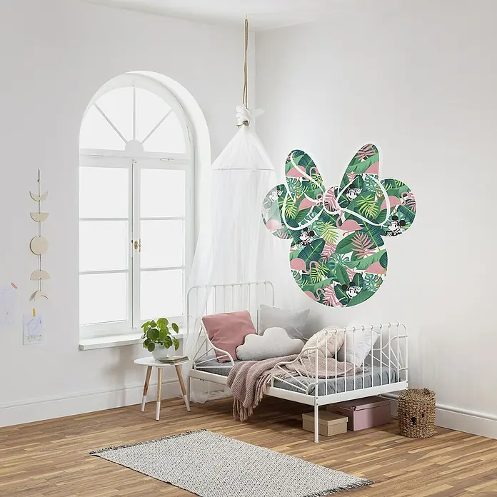 Komar Dots Fototapete rund Minnie Head Tropical127 cm, Selbstklebend - Wanddeko "Minnie Mouse Tropical" mit Pflanzenmuster für ein stilvolles Kinderzimmer.