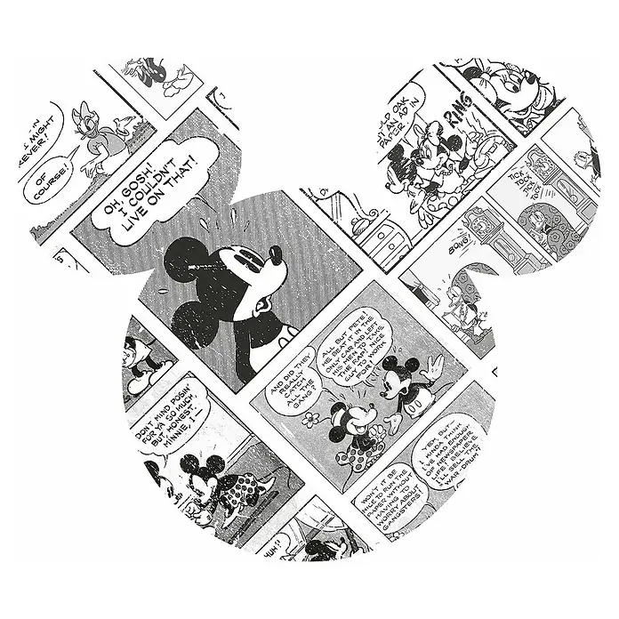 Komar Dots Fototapete rund Mickey Head Comic Cartoon - 127 cm, Selbstklebend - Micky Maus Comic-Muster: Ein nostalgisches Design mit klassischen Micky Maus Comic-Panels in einer verspielten Micky-Kopf-Silhouette.