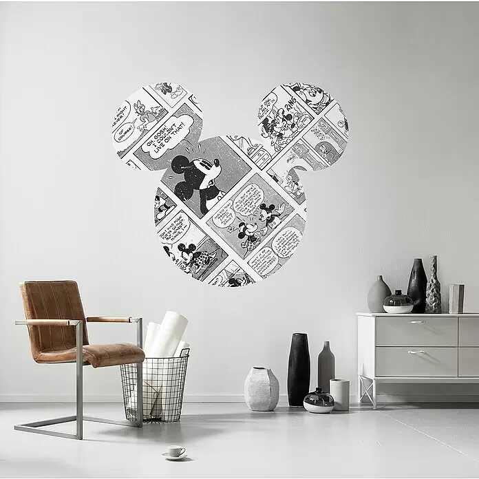 Komar Dots Fototapete rund Mickey Head Comic Cartoon - 127 cm, Selbstklebend - Wandtattoo in Micky-Maus-Kopfform mit schwarz-weißen Comic-Panels.