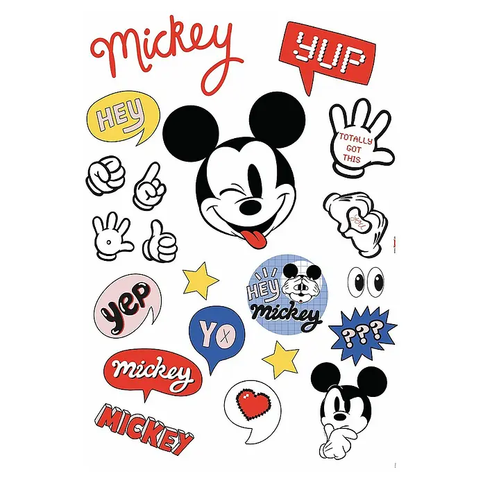 Komar Dekosticker It's a Mickey Thing - B x H: 50 x 70 cm - Das Bild zeigt eine Vielzahl von Mickey Mouse Aufklebern mit verschiedenen Ausdrücken, Gesten und Sprechblasen auf einem weißen Hintergrund.