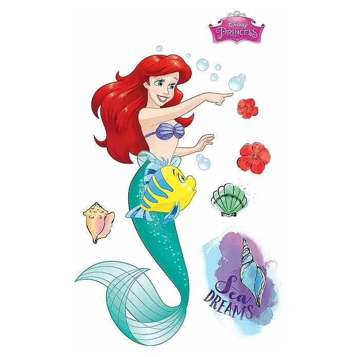 Komar Dekosticker Arielle XXLB x H: 127 x 200 cm - Ariel Wandaufkleber mit Flounder, Muscheln und Blumen. Ideal für Kinderzimmer oder als Deko für Disney-Fans.