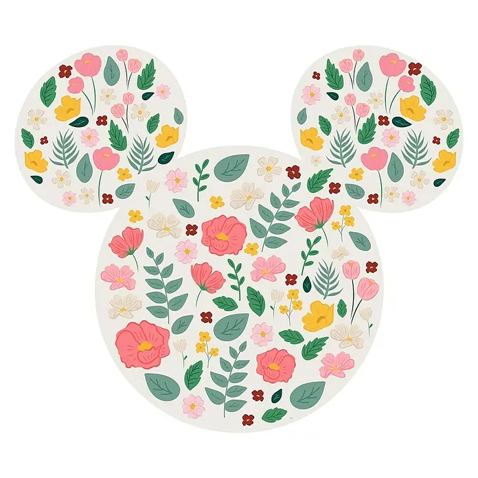 Komar Dots Fototapete rund Mickey Head Wildflowers - 127 cm, Selbstklebend - Floraler Mickey Mouse Kopf: Bunte Blumen und Blätter bilden den ikonischen Mickey Mouse Kopf, ein fröhliches und verspieltes Dekorationsstück.