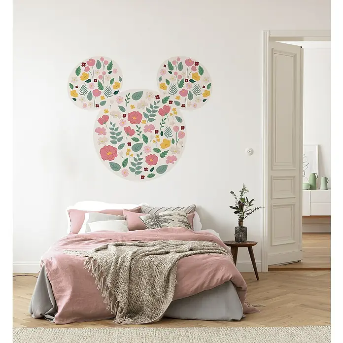 Komar Dots Fototapete rund Mickey Head Wildflowers - 127 cm, Selbstklebend - Wanddeko im Kinderzimmer: Mickey Maus Blumenmuster als verspielter Blickfang über dem Bett. Ein Traum für kleine Disney-Fans!
