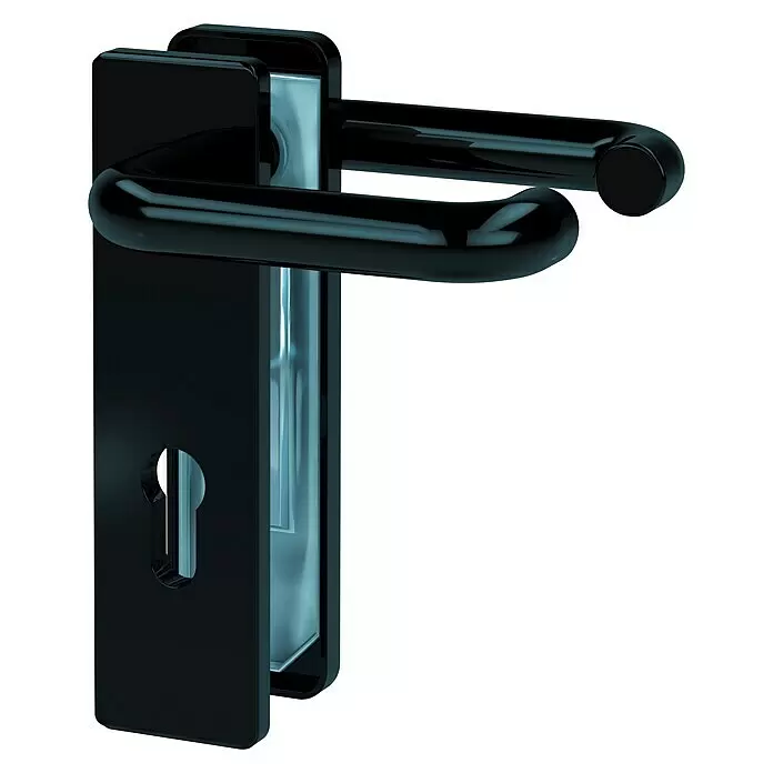 Basi Schutzbeschlag ZT/FS 2150 - Feuerschutztür, Schwarz, Drücker beidseitig, Eckig, Stärke Tür: 44 mm - 66 mm - Glänzender schwarzer Türgriff mit integriertem Schlüsselloch.