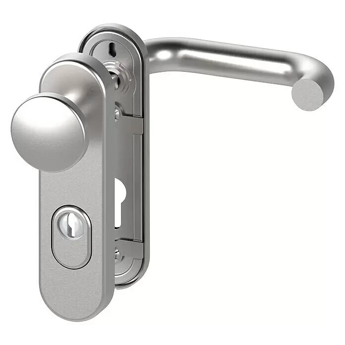 Basi Schutzbeschlag SB/FS 2200K ES1 - Feuerschutztür, Edelstahl, Knopf außen, Drücker innen, Mit Zylinderabdeckung, Stärke Tür: 44 mm - 66 mm - Türbeschlag aus gebürstetem Silbermetall mit rundem Knopf, Hebelgriff und Schlüsselloch.
