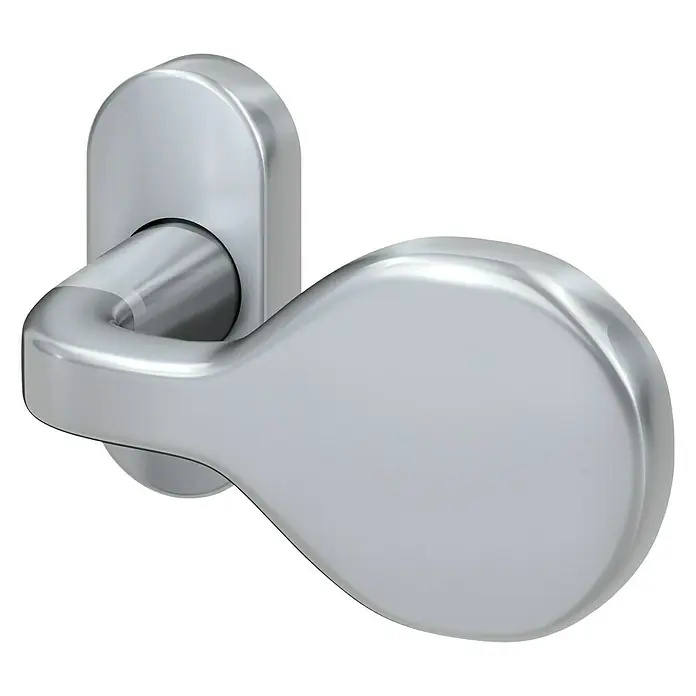 Basi Knopfdrücker auf Rosette SR 5000Vierkantstift: 8 mm, Silber, Drehbar - Nahaufnahme eines glänzenden, silberfarbenen Türgriffs auf schwarzem Hintergrund. Eleganter Türbeschlag für modernes Design.