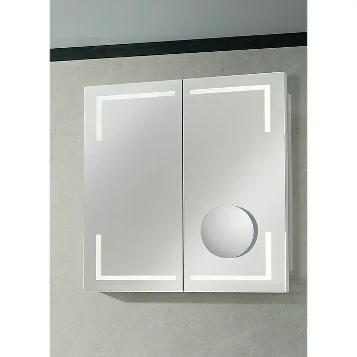 Camargue Stella LED-Spiegelschrank - B x H: 70 x 73,7 cm, Holz, Grafit, Mit Beleuchtung, Kantenausführung Tür: Eckig - Moderner Spiegelschrank mit LED-Beleuchtung und zusätzlichem runden Spiegel für Badezimmer.