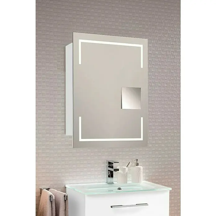 Camargue Stella LED-Spiegelschrank - B x H: 60 x 73,7 cm, Holz, Weiß, DIN Anschlag: Links, Kantenausführung Tür: Eckig - Elegantes Badezimmer mit Spiegelschrank mit LED-Beleuchtung und modernem Waschbecken. Der Spiegelschrank bietet praktischen Stauraum im Badezimmer.