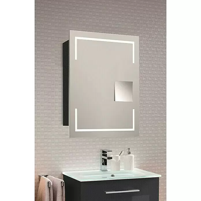 Camargue Stella LED-Spiegelschrank - B x H: 60 x 73,7 cm, Holz, Grafit, DIN Anschlag: Links, Kantenausführung Tür: Eckig - Rechteckiger LED-beleuchteter Spiegelschrank mit integriertem Vergrößerungsspiegel über einem Waschbecken.