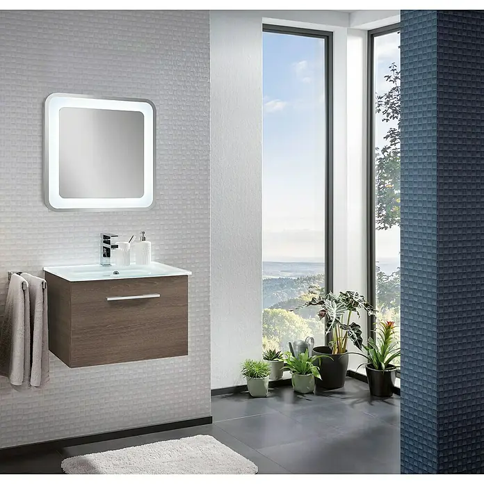 Camargue Stella Waschtischunterschrank - 59,2 x 40,8 x 39 cm, Ohne Beleuchtung, Eiche Maron - Modernes Badezimmer-Interieur mit Waschtisch aus Holz und Spiegel mit LED-Beleuchtung, das eine elegante Atmosphäre schafft.
