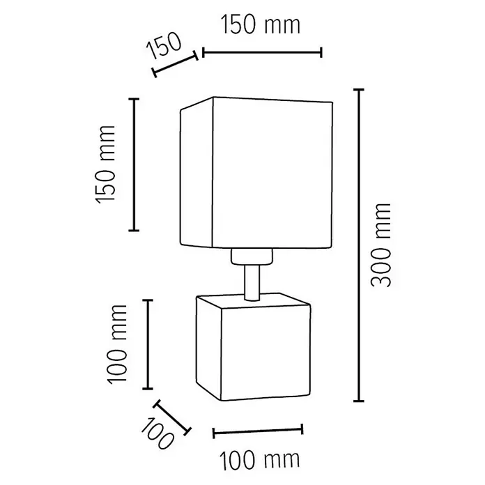 Spotlight Tischleuchte Square - 25 W, L x B x H: 15 x 15 x 30 cm, Eiche, Weiß, E27 - Detailzeichnung einer modernen Tischleuchte mit quadratischem Lampenschirm und Sockel, Maße angegeben.