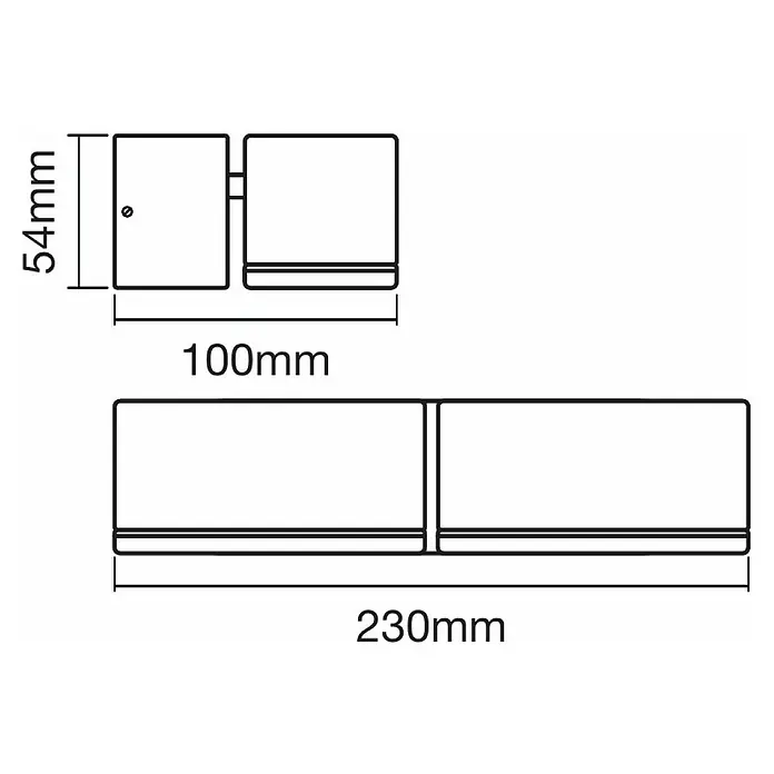 Ledvance LED-Außenwandleuchte Endura Style Mini Spot - 13 W, 100 x 230 x 54 mm, Grau, IP44 - Produktskizze einer modernen, doppelten Wandleuchte mit Maßen, die eine stilvolle Beleuchtungslösung für jeden Raum bietet.