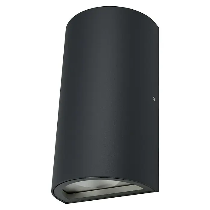 Ledvance LED-Außenwandleuchte Updown - 12 W, 5,5 cm x 9 mm x 16 cm, Anthrazit, IP44 - Nahaufnahme einer modernen, schwarzen Wandleuchte. Das stilvolle Design fügt sich nahtlos in jede Außenumgebung ein.