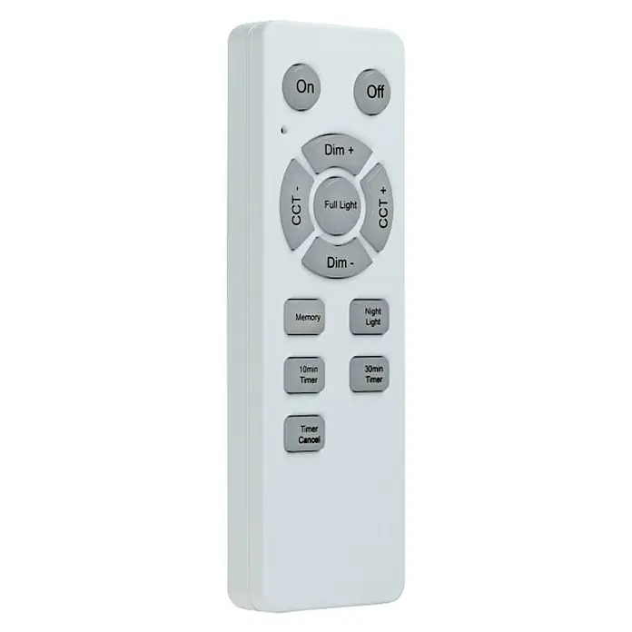 Ledvance LED-Deckenleuchte rund Silara - 21 W, Ø x H: 400 x 88 mm, Silber, Weiß, Neutralweiß - Nahaufnahme einer weißen Fernbedienung mit verschiedenen Tasten zur Steuerung von Lichtfunktionen wie Dimmen und Timer.