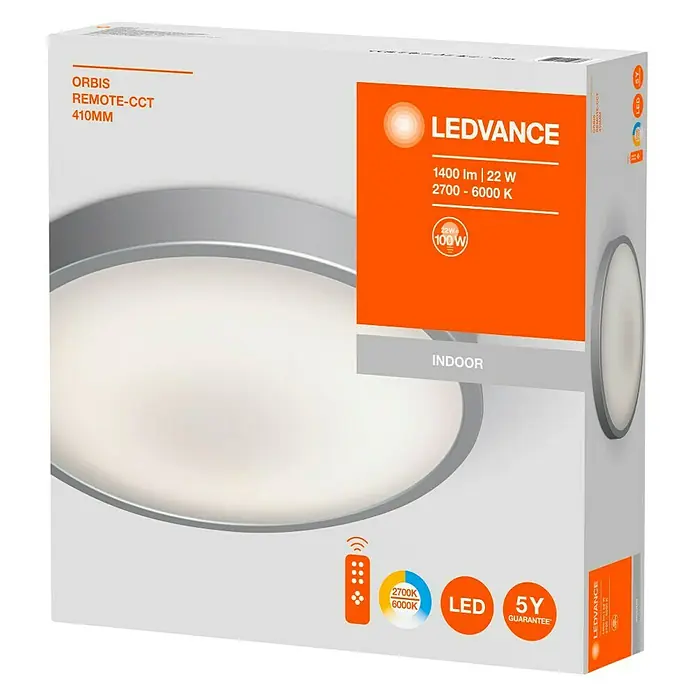 Ledvance LED-Deckenleuchte rund Silara - 21 W, Ø x H: 400 x 88 mm, Silber, Weiß, Neutralweiß - Bild einer LEDVANCE ORBIS Remote-CCT-Deckenleuchte, die energiesparende Beleuchtung mit einstellbarer Farbtemperatur bietet.