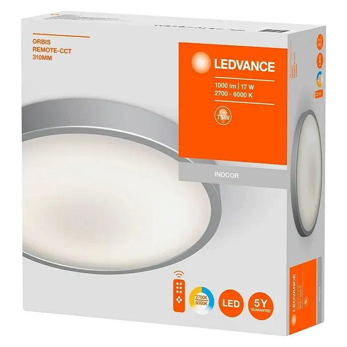 Ledvance LED-Deckenleuchte rund Silara - 16 W, Ø x H: 300 x 85 mm, Silber, Weiß, Neutralweiß - Die Verpackung der LEDVANCE ORBIS REMOTE-CCT 310MM Leuchte mit 1000 Lumen und Farbtemperaturregelung für den Innenbereich.