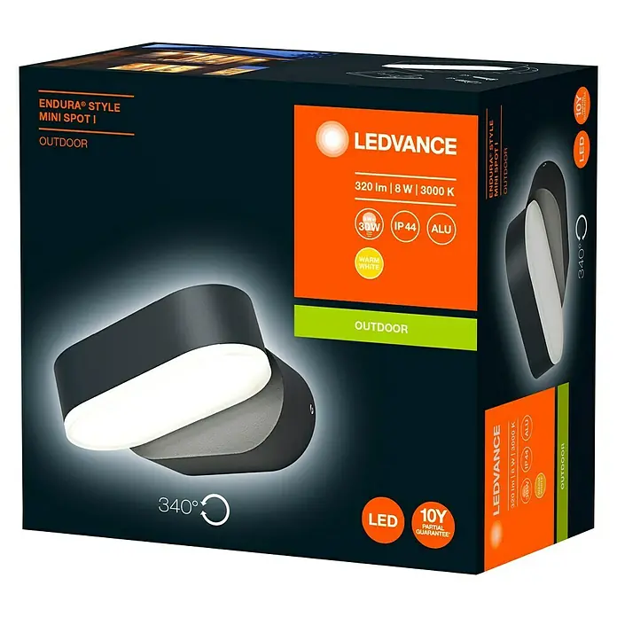 Ledvance LED-Außenwandleuchte Endura Style Mini Spot - 8 W, 100 x 230 x 54 mm, Grau, IP44 - Eine Verpackung für eine LEDVANCE Endura Style Mini Spot I Außenleuchte, die modernes Design und Funktionalität vereint.