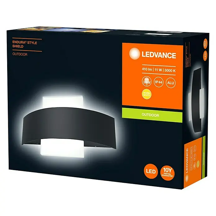 Ledvance LED-Außenwandleuchte Shield square - 11 W, 6 x 24 x 14,2 cm, Dunkelgrau, IP44, Square - Die Verpackung einer LEDVANCE Endura Style Shield Außenleuchte in Schwarz und Weiß. Die Box zeigt Produktmerkmale wie Helligkeit und Farbtemperatur.