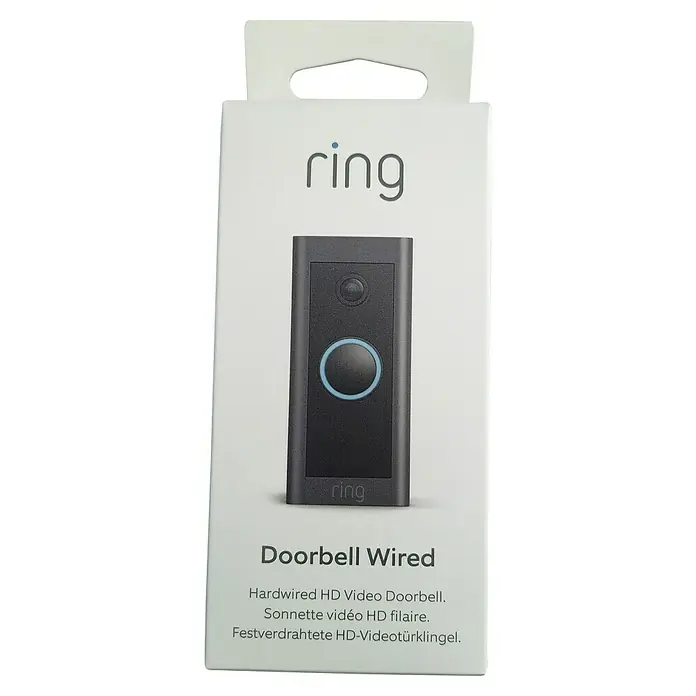 Ring Türklingel mit Kamera Video Doorbell Wired - Bronze, 1.920 x 1.080 Pixel (Full HD), 2,24 x 4,57 x 10,1 cm, Smarte Steuerung: Ring App - Verpackung einer Ring Doorbell Wired, einer festverdrahteten HD-Video-Türklingel mit mehrsprachiger Beschreibung für den internationalen Markt.