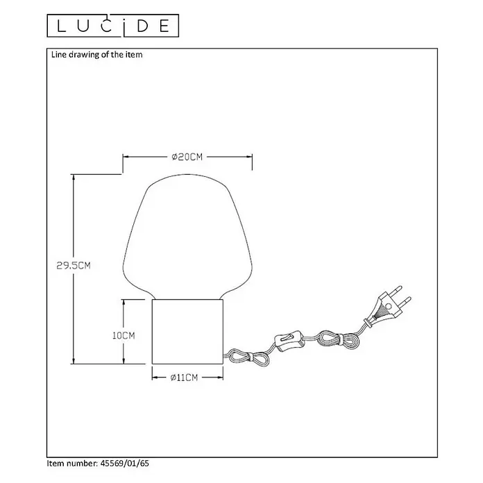 Lucide LED-Tischleuchte Becky - 40 W, L x B x H: 20 x 20 x 29,5 cm, Rauch - Technische Zeichnung einer Lucide Tischleuchte mit den Maßen 29.5cm hoch, Lampenschirm Ø20cm und Fuß Ø11cm.