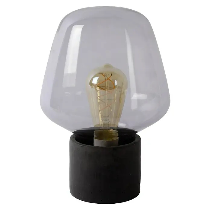 Lucide LED-Tischleuchte Becky - 40 W, L x B x H: 20 x 20 x 29,5 cm, Rauch - Diese elegante Tischleuchte verfügt über einen schwarzen Betonsockel und einen klaren Glaslampenschirm, der eine dekorative Glühbirne beherbergt.
