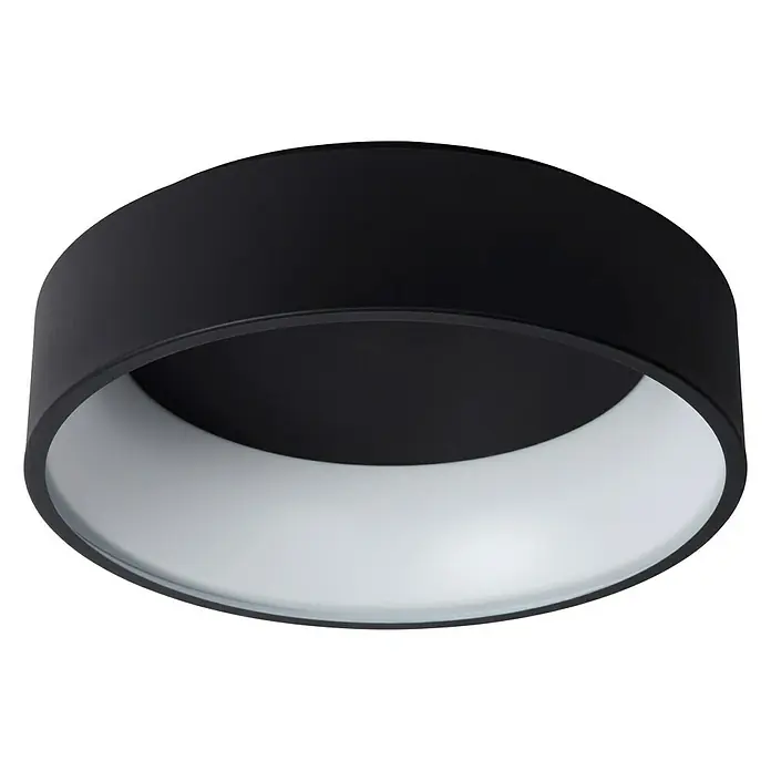 Lucide Deckenleuchte rund Talowe Led - 30 W, Ø x H: 45,5 x 13 cm, Schwarz - Nahaufnahme einer modernen, schwarzen Deckenleuchte mit weißem Innenring, die ein stilvolles Ambiente schafft.