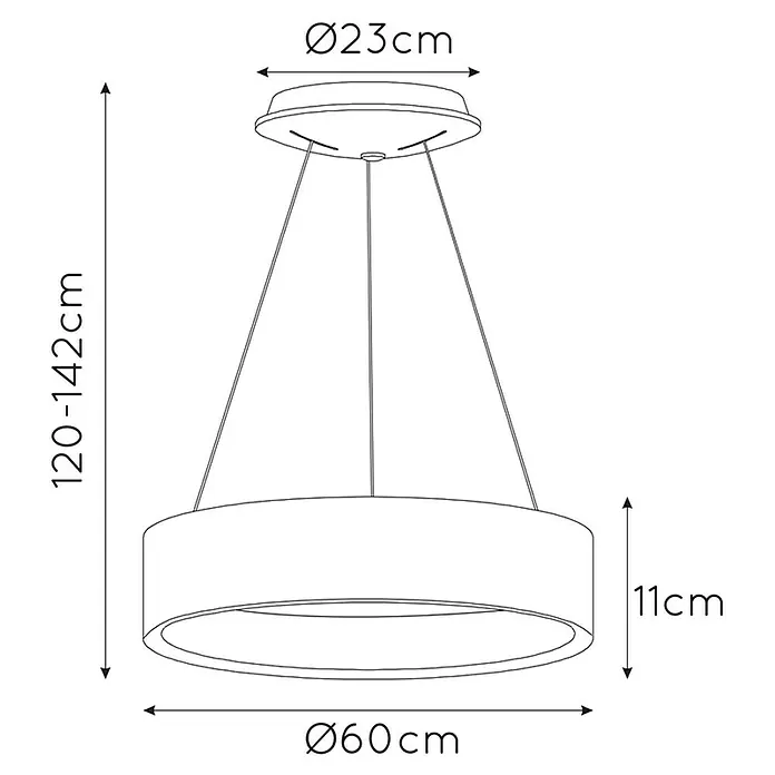 Lucide Talowe LED-Pendelleuchte - Höhe: 117 cm - Technische Zeichnung einer modernen Hängeleuchte mit den Maßen Ø23cm (oben), Ø60cm (unten) und einer Höhe von 120-142cm, Tiefe des Schirms 11cm.