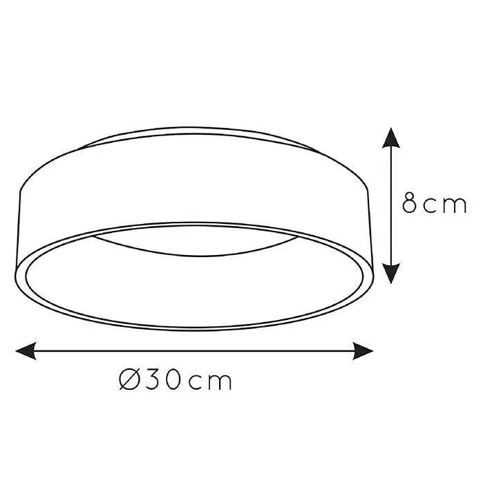 Lucide Talowe LED-Deckenleuchte rund - 20 W, Ø x H: 300 mm x 8 cm, Schwarz, Warmweiß - Skizze einer runden Deckenleuchte mit den Maßen 30 cm Durchmesser und 8 cm Höhe, minimalistisch und funktional gestaltet.