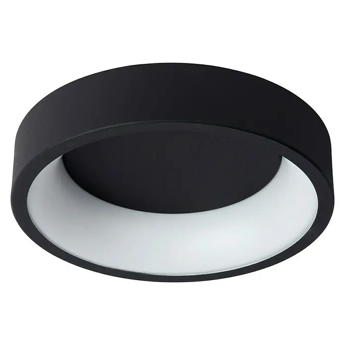 Lucide Talowe LED-Deckenleuchte rund - 20 W, Ø x H: 300 mm x 8 cm, Schwarz, Warmweiß - Nahaufnahme einer runden, schwarzen Deckenleuchte mit einem weißen Lichtband, das ein modernes und stilvolles Design für Innenräume zeigt.