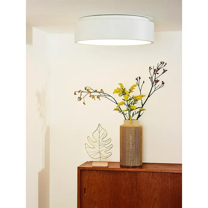Lucide Talowe LED-Deckenleuchte rund - 30 W, Ø x H: 450 mm x 13 cm, Weiß, Warmweiß - Eine Nahaufnahme einer dekorativen Blumenvase auf einem Holzschrank, die eine elegante und natürliche Atmosphäre schafft.