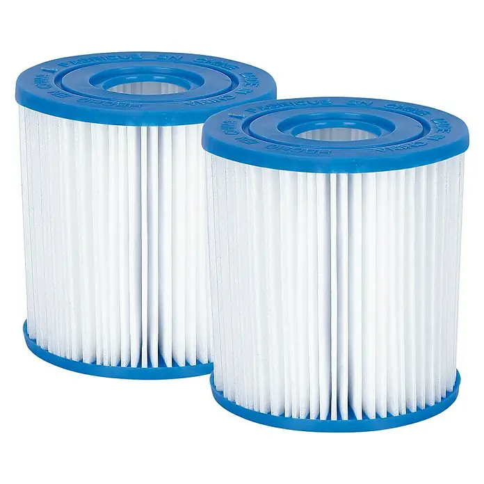 Filterkartusche Typ I - Gesamtstückzahl: 2 Stk., Höhe: 9 cm - Zwei Poolfilterkartuschen mit blauen Endkappen und weißem Filtermedium.