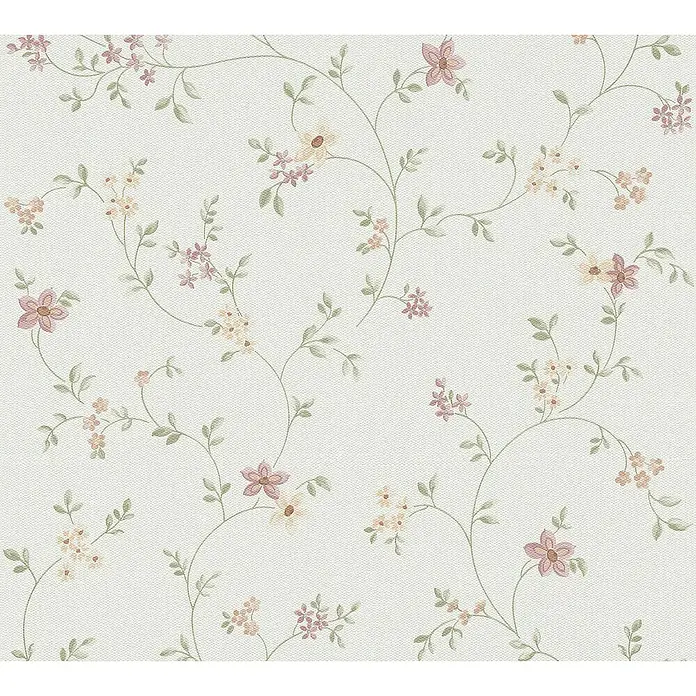 A.S. Création Papel pintado de vellón Florecitas Lilas - Lila/Blanco, Floral, 10,05 x 0,53 m - Un primer plano de un patrón de papel tapiz floral con delicadas flores rosas y hojas verdes sobre un fondo claro.