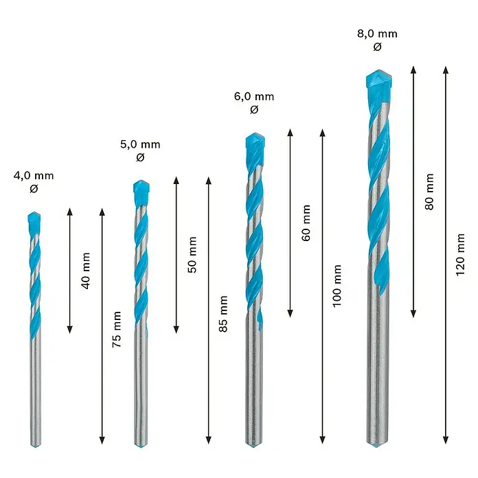 Bosch Expert Broca universal CYL-9 MultiConstruction - Diámetro de la broca: 8 mm, 4 pzs. - Varios tamaños de brocas para mampostería mostradas en un conjunto. Las brocas tienen espirales azules y diferentes diámetros.