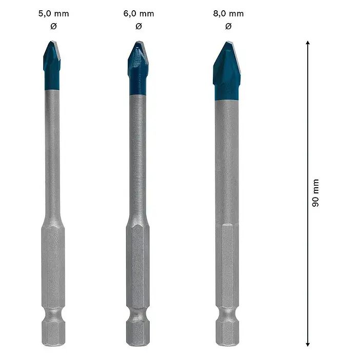 Bosch Expert Set de brocas HEX-9 HardCeramic - Diámetro de la broca: 8 mm - Imagen de tres brocas de vidrio de diferentes tamaños (5, 6 y 8 mm) con una longitud total de 90 mm.