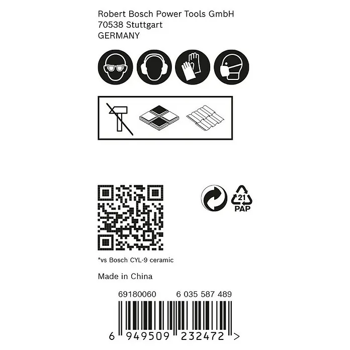 Bosch Expert Set de brocas HEX-9 HardCeramic - Diámetro de la broca: 8 mm - Imagen de un embalaje de producto de Robert Bosch Power Tools GmbH con símbolos de advertencia, código QR y código de barras.