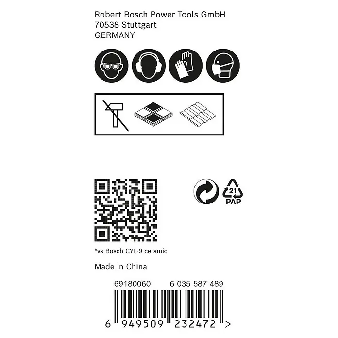 Bosch Expert Set de brocas HEX-9 HardCeramic - Diámetro de la broca: 8 mm - Imagen de un embalaje de producto de Robert Bosch Power Tools GmbH con símbolos de advertencia, código QR y código de barras.