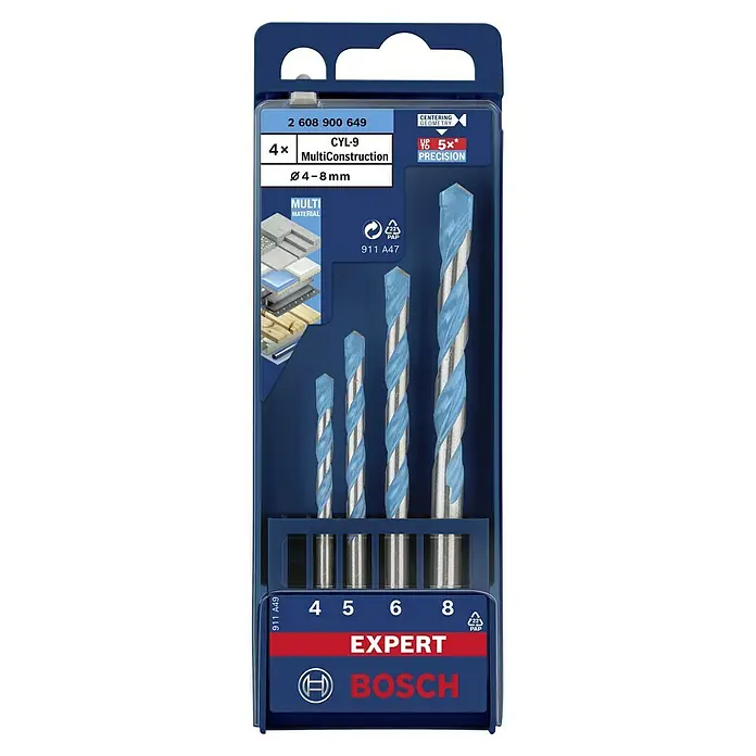 Bosch Expert Broca universal CYL-9 MultiConstruction - Diámetro de la broca: 8 mm, 4 pzs. - Un pack de brocas Bosch Expert CYL-9 MultiConstruction con diámetros de 4, 5, 6 y 8 mm, ideal para diversos materiales.