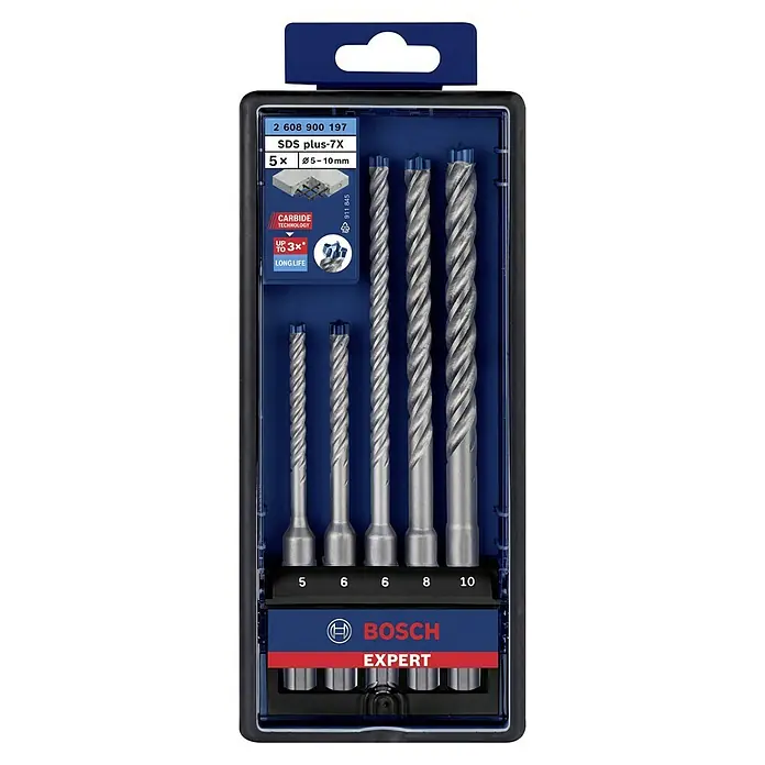 Bosch Expert Broca para hormigón y mampostería -7X - 5 pzs., Diámetro de la broca: 10 mm, 115 mm - Juego de brocas para martillo perforador Bosch Expert SDS plus-7X (5 piezas, 5-10 mm) con tecnología de carburo para una vida útil hasta 3 veces mayor.