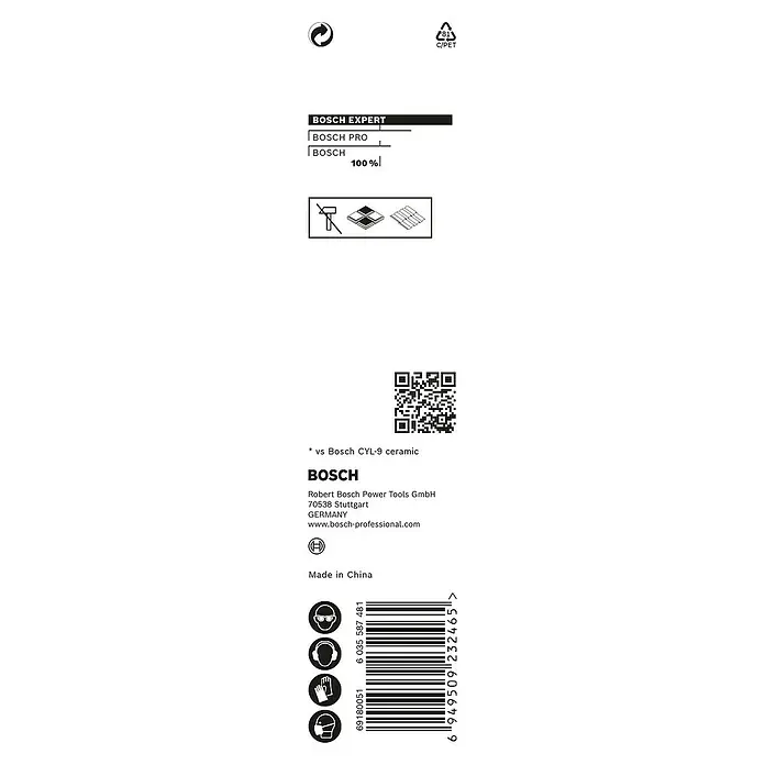 Bosch Expert Fresa para azulejos HEX-9 HardCeramic - Diámetro de la broca: 12 mm - Imagen del embalaje del producto Bosch Expert con símbolo de reciclaje, código de barras, precauciones de seguridad e información del fabricante.